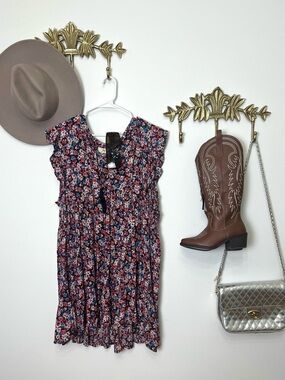 Boho tassel front Floral Ruffle Sleeve Dress - Multi-Color Xl ptp 25” l 35”
